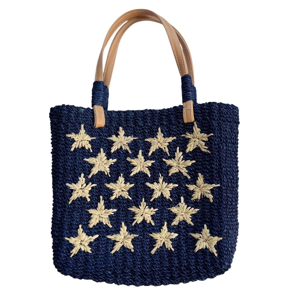 Amanda Smith Vintage Navy Woven Raffia Star Tote Bag Y2K Coastal Resort Purse